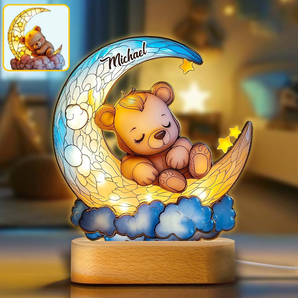 Cute Bear On Crescent Moon - Personalized Kid Shaped Plaque Light Base
