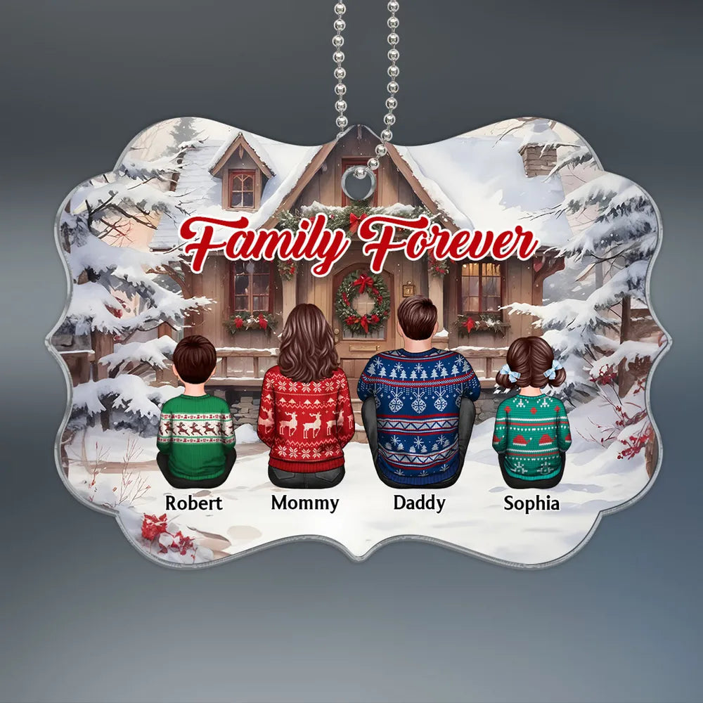 Snow House Back View Family Sitting Personalized Poster or Ornament or Plaque or Keychain