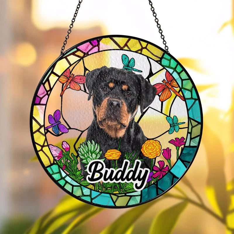 Custom Pet Suncatcher Ornament – Personalized Dog Photo Gift with Floral and Stained Glass Design