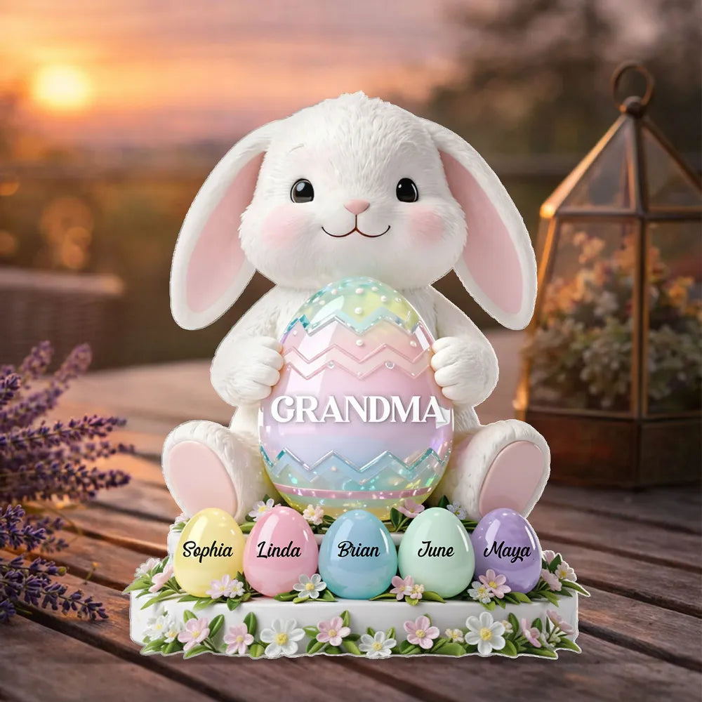 Personalized Shaped Acrylic Block Plaque Cute Bunny Holding Easter Egg for Grandma Spring Shelf Decor Unique Gift