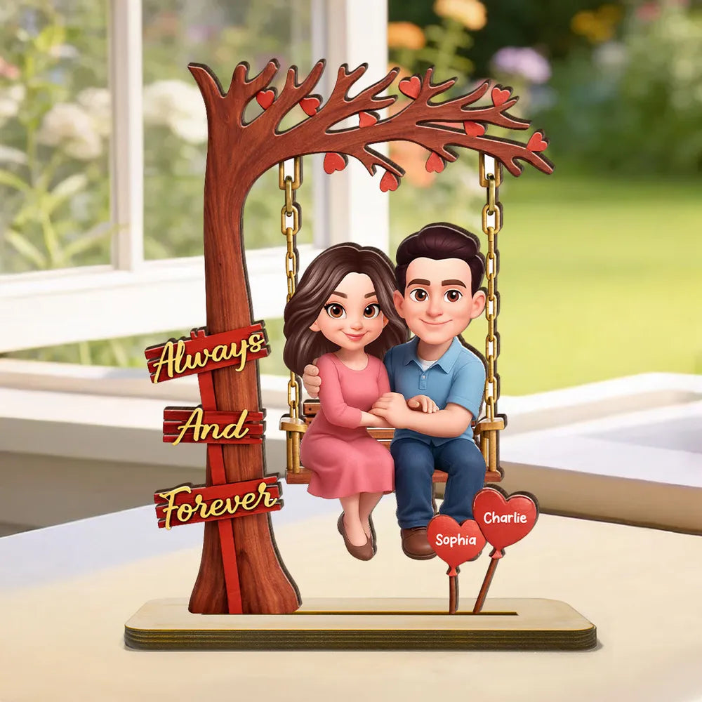 Personalized 2-Layer Wooden Plaque Couple on Swing Under Heart Tree, Always And Forever Romantic Unique Gift for Her or Him