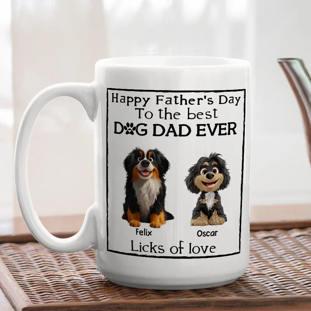 Happy Father’s Day Mug – Cartoon Dogs Sitting Together with Licks of Love – Personalized Gift for Dog Dads