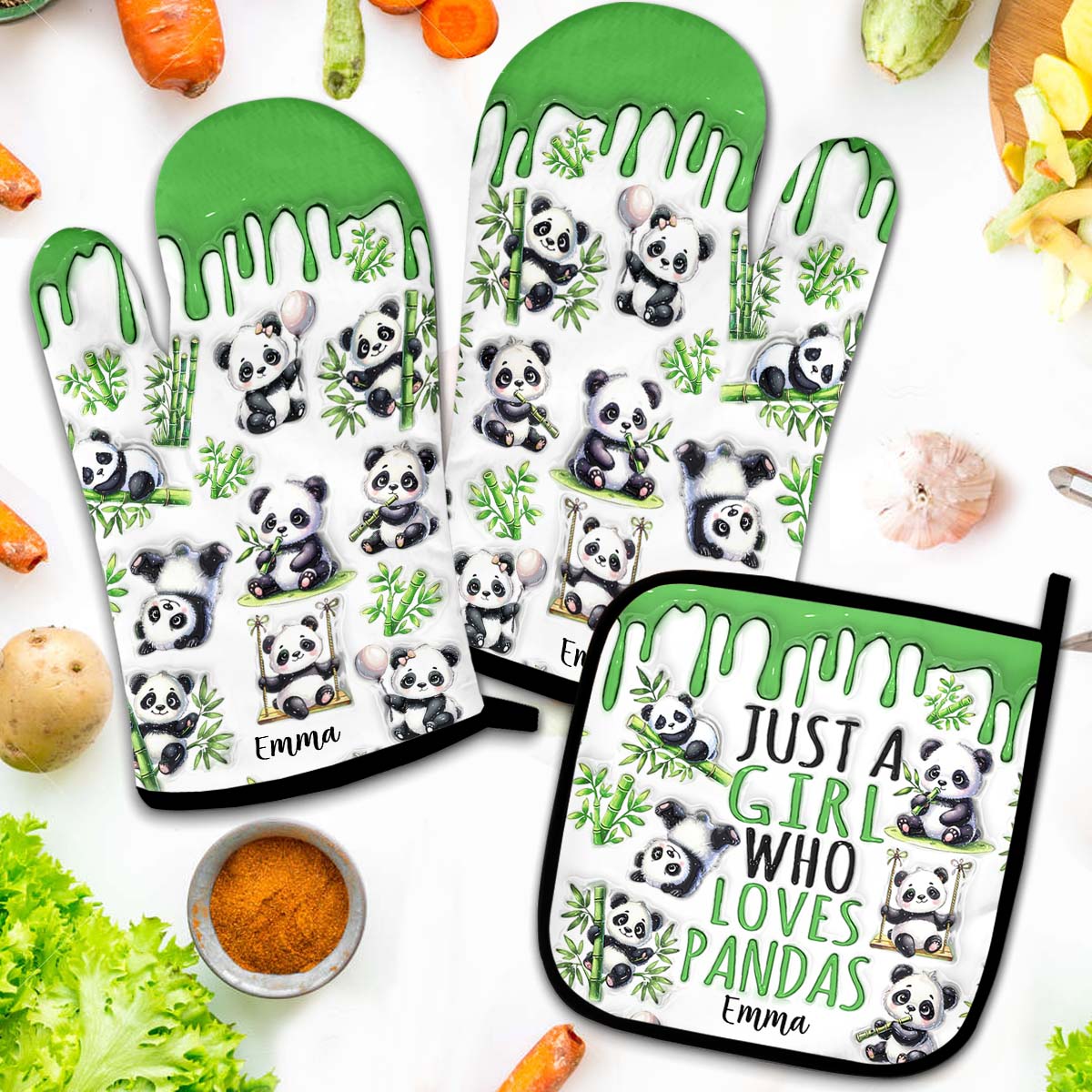 Just A Girl Who Loves Pandas - Personalized Oven Mitts & Pot Holder Set