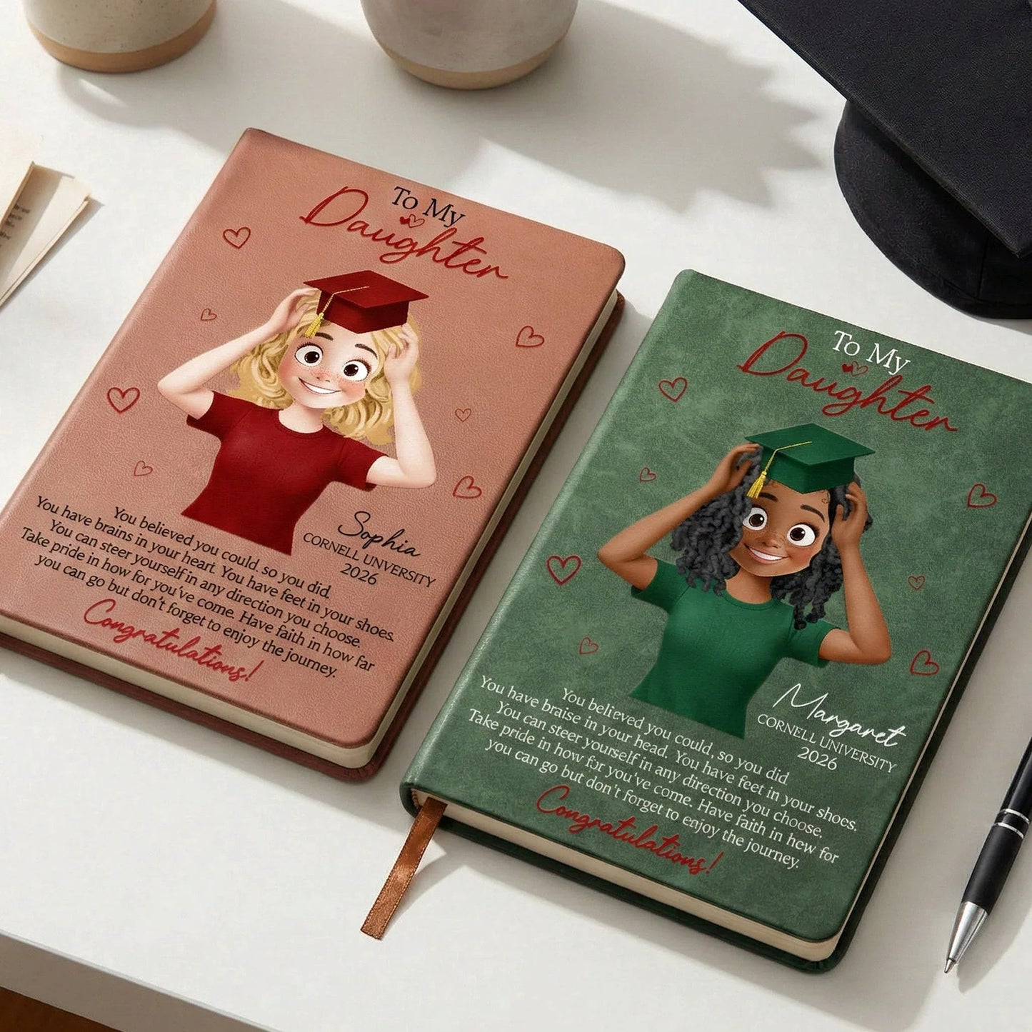 To My Daughter Graduation Leather Journal, Personalized Congrats Message with Heart Accents, Meaningful Unique Gift for Her