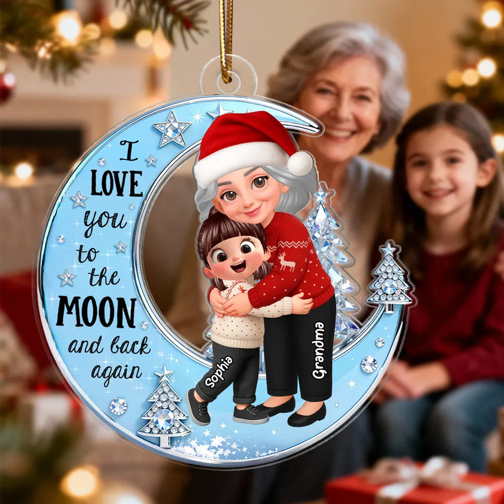 Acrylic Ornament - Grandma & Grandkid on Crescent Moon, Cute Christmas Scene, I love you to the moon and back, unique gift