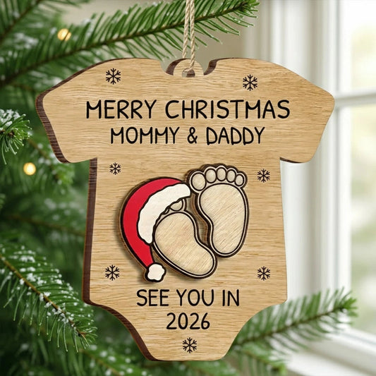 Custom Baby Announcement 2-Layer Wooden Ornament – Onesie Shape with Tiny Footprints – Adorable Nursery Decor and Creative Holiday Gift for Mommy and Daddy