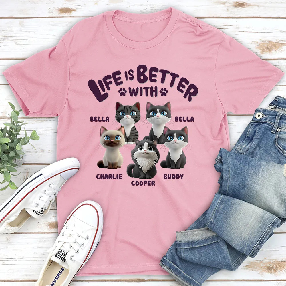 Life Is Better with Cats – Personalized Classic Tee with Custom Cat Names, Perfect Gift for Cat or Dog Lovers