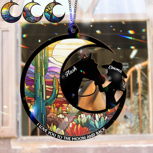 I Love You To The Moon Horse Girl Stained Glass - Personalized Horse 2 Layered Window Hanging Suncatcher