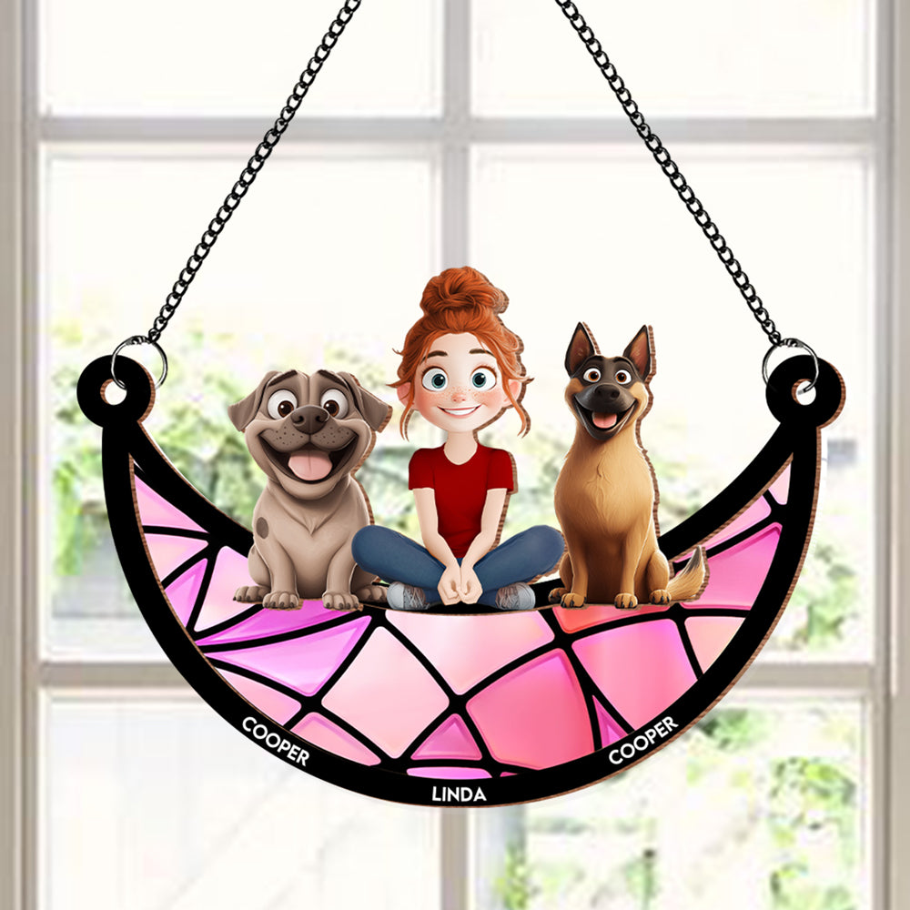 Personalized Dog Lovers Ornament – Cute Family Hanging with a Girl and Her Dogs, Perfect Gift for Dog Lovers, Ideal for Valentine's Day and Birthday, Wood and Acrylic Layered Ornament