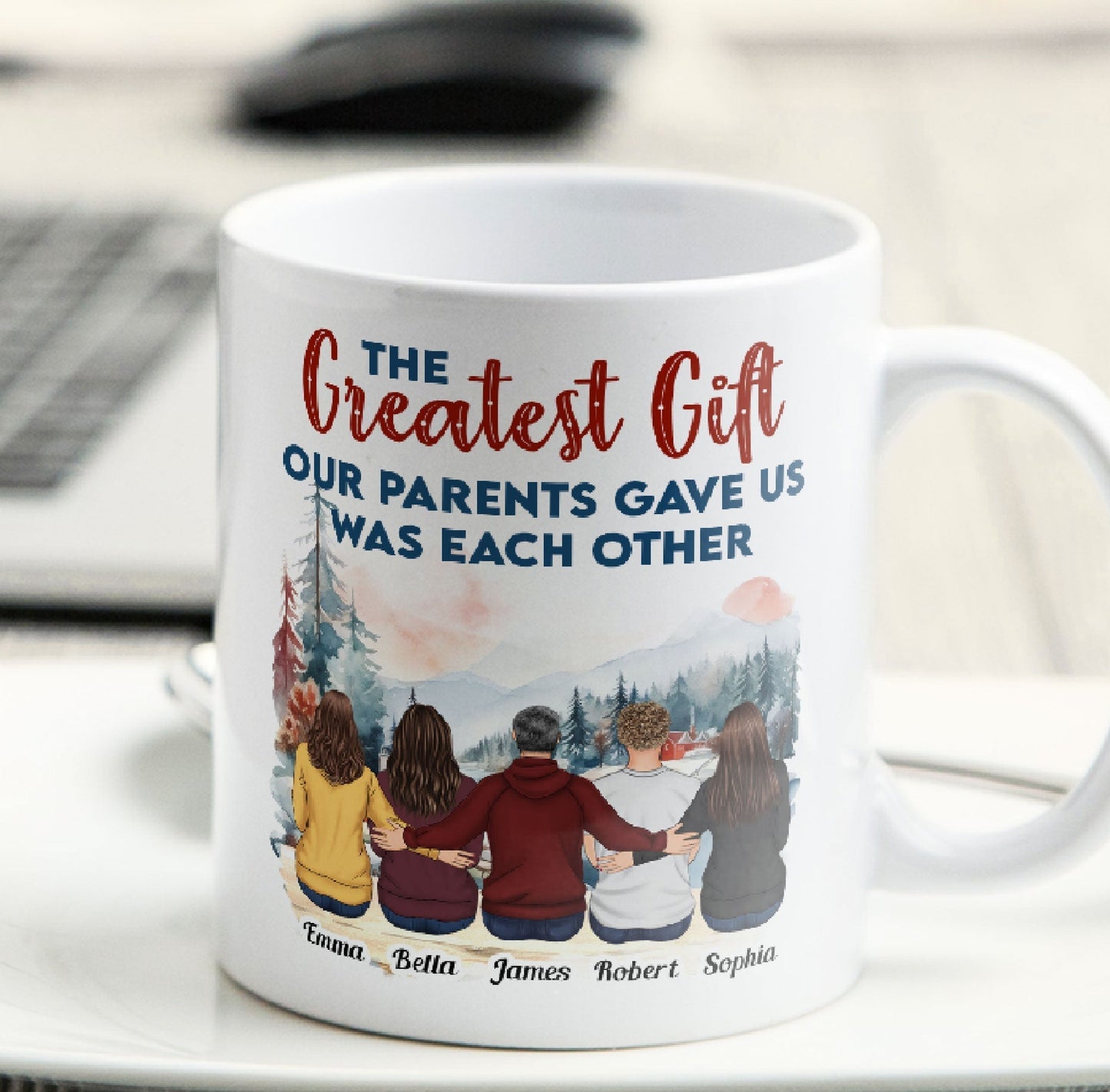 Family Mug with Illustration & Quote, siblings sitting in a snowy mountain scene, a unique gift for Mom & Dad