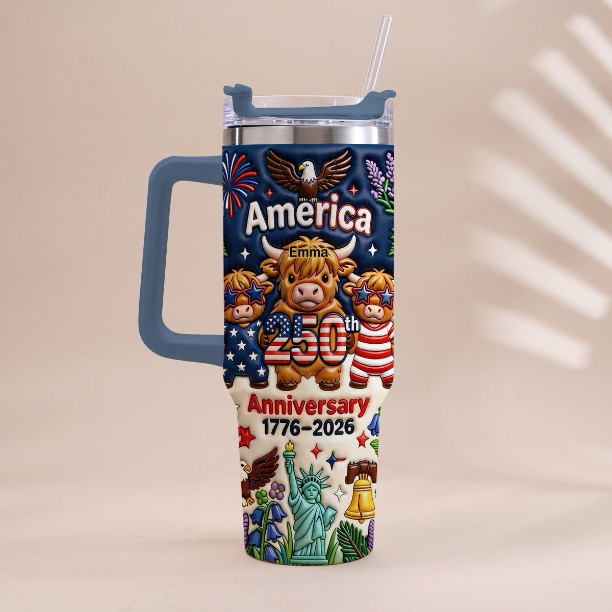 Cute Highland Cow America 250th Anniversary - Personalized Highland Cow Tumbler With Handle