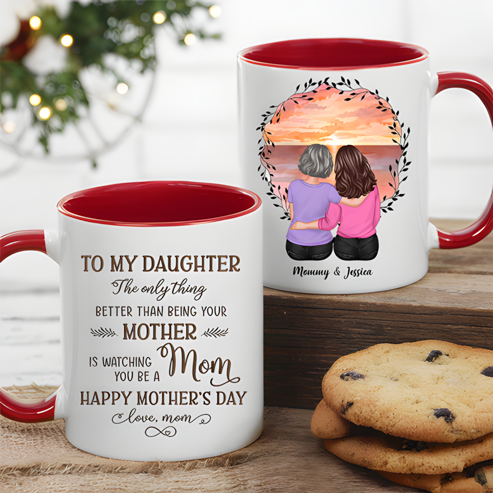 Beach Sunset Mother and Daughter Hugging Back View – Personalized Cup, Poster, Keychain, Ornament & More, Sentimental Mother’s Day Gift for Daughter