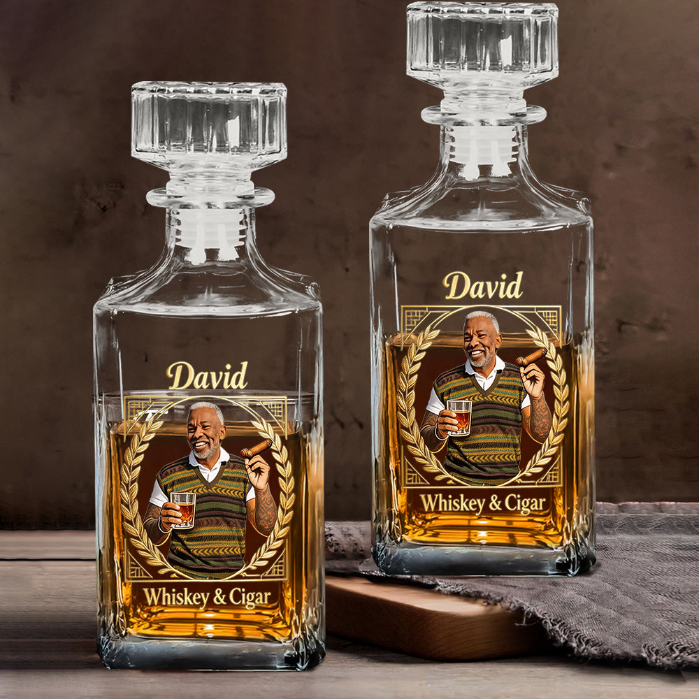 Custom Any Photo, Whiskey & Cigar - Personalized Whisky Whiskey Decanter Set