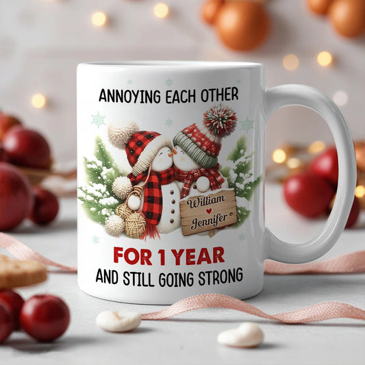 Personalized White Ceramic Mug with Cute Snowman Couple, Funny Anniversary Coffee Cup, Cozy Winter Keepsake, Unique Romantic Gift for Couples