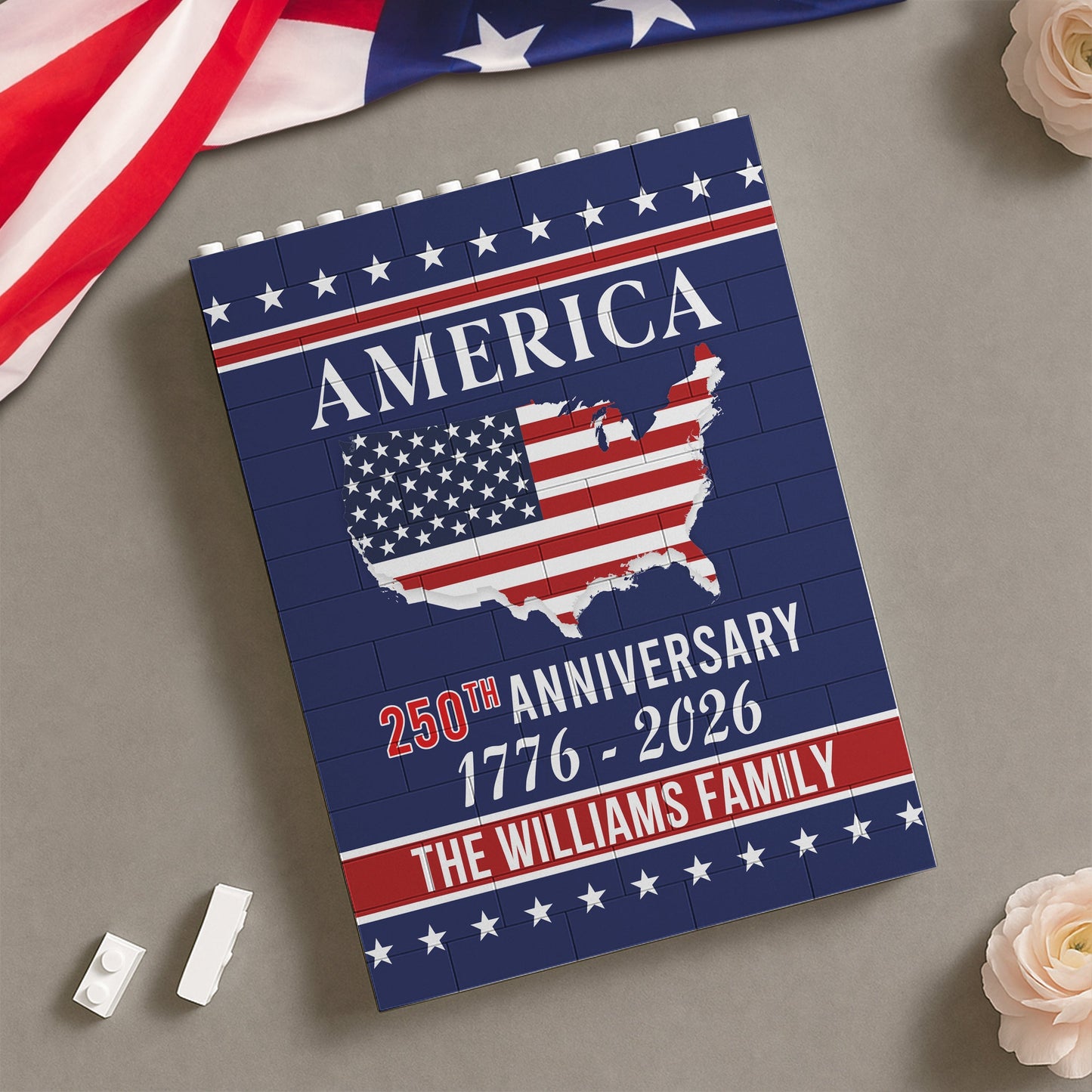 Custom Patriotic PVC Building Brick Puzzle for America 250th Anniversary, USA Flag Map Design, Meaningful Family Gift
