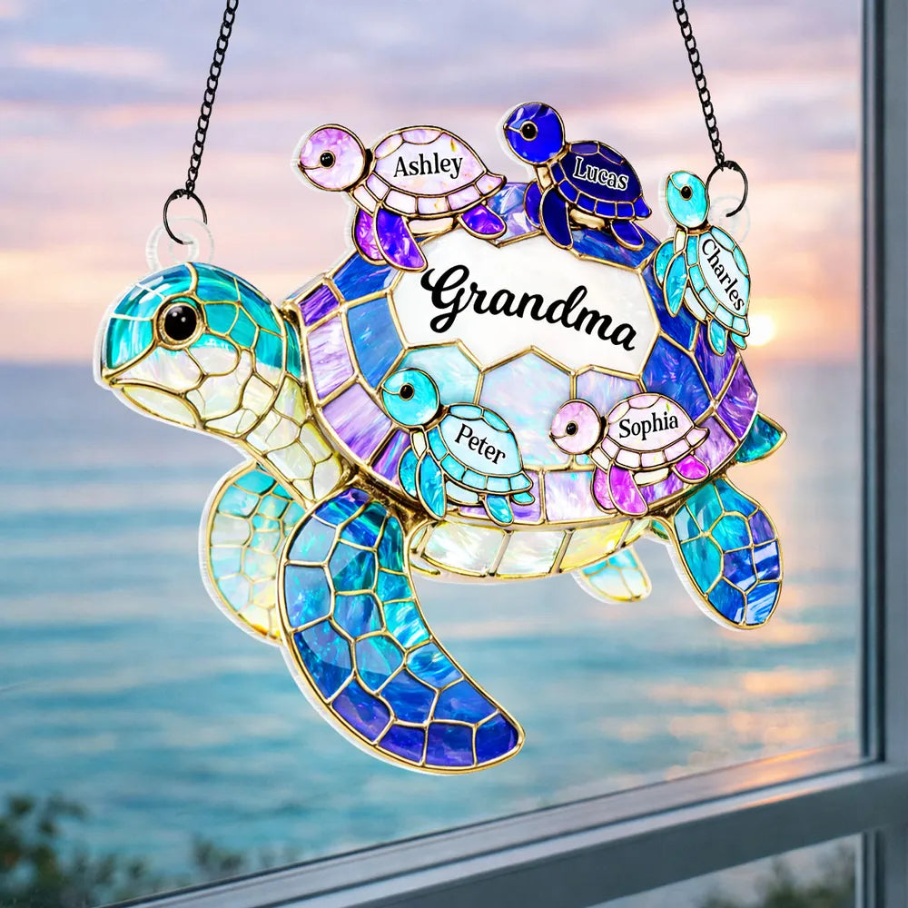 Acrylic Suncatcher Ornament for Grandma with Sea Turtle Family, Beachy Window Decor with Rainbow Shine, Thoughtful Personalized Gift
