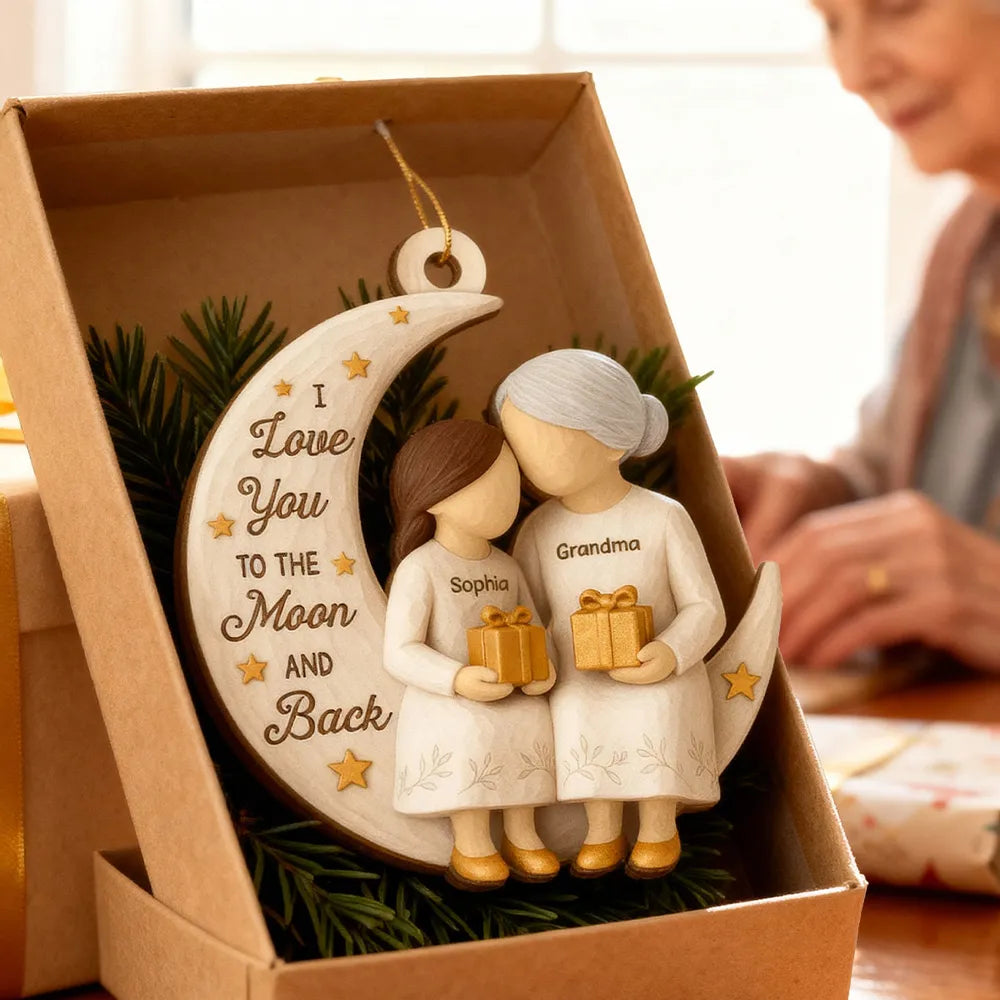 Wooden Ornament - Grandma & Grandkid on Crescent Moon, Customizable, unique gift for Granddaughter or Grandson