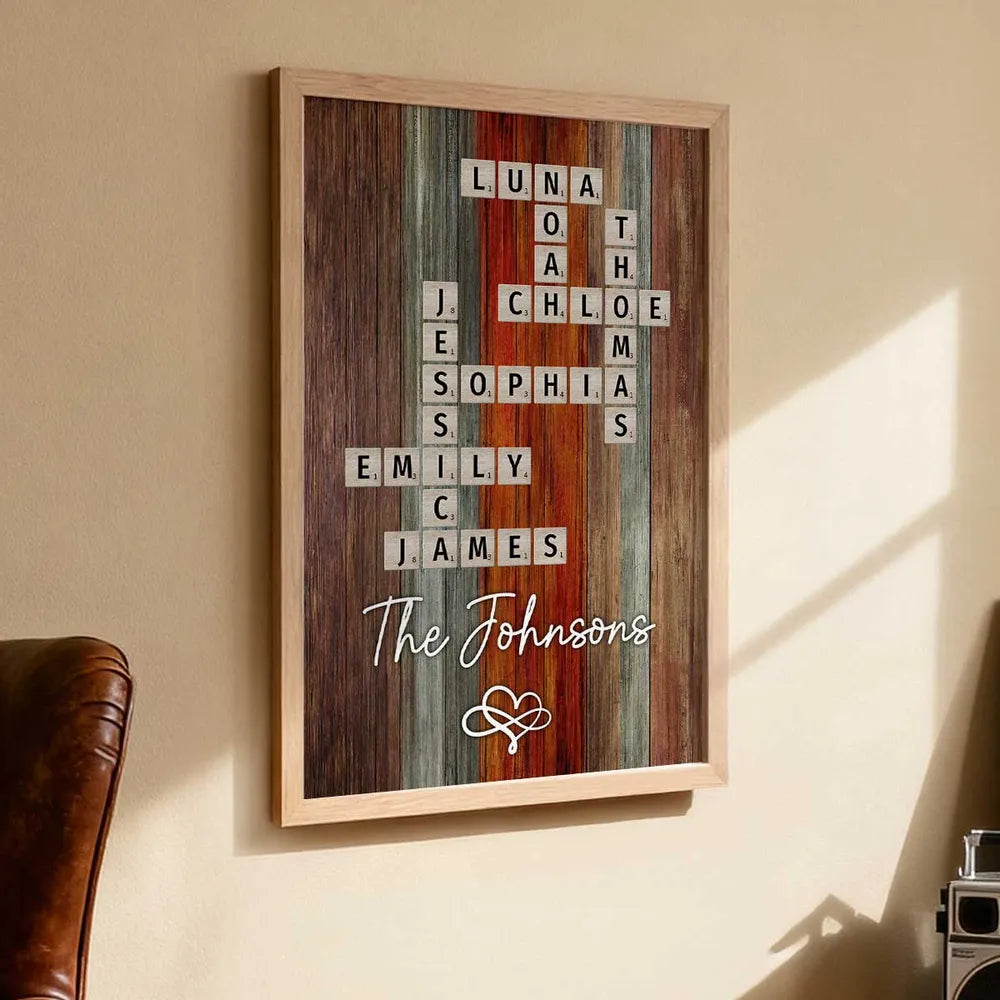 Personalized Family Name Poster Crossword Wall Art – Rustic Colorful Wood Decor, Heartfelt Home Display, Unique Gift for Parents & Loved Ones