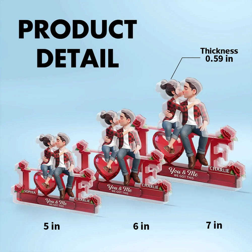 Personalized Shaped Acrylic Block Plaque with Kissing Couple on LOVE and Roses - Unique Romantic Gift for Him or Her
