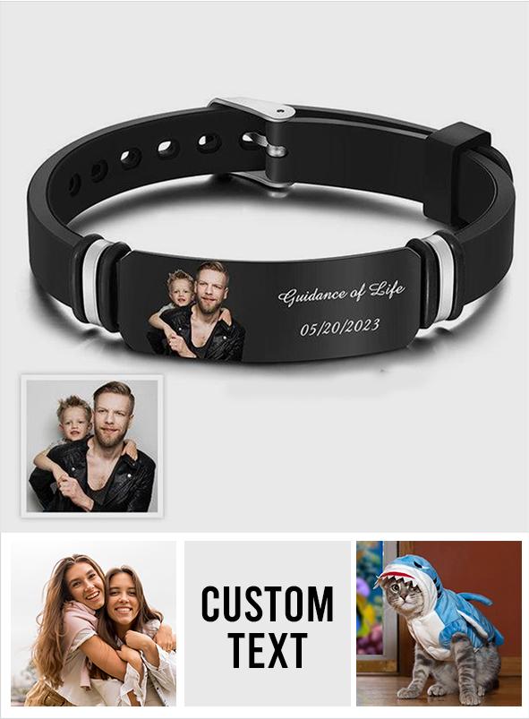 Any Photo And Message - Personalized Photo Engraved Black Bracelet