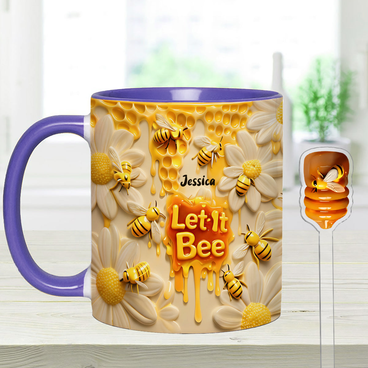 Let It Bee, Bee Flowers - Personalized Bee Set Accent Mug with Acrylic Stirrers