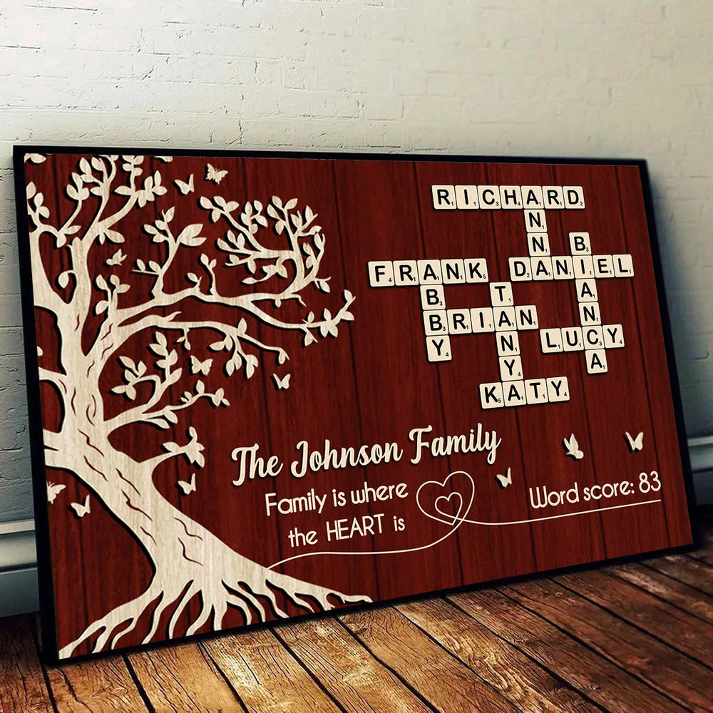 Custom Family Crossword Poster Wall Art – Personalized Names on Tree of Life, Heartwarming Gift for Parents