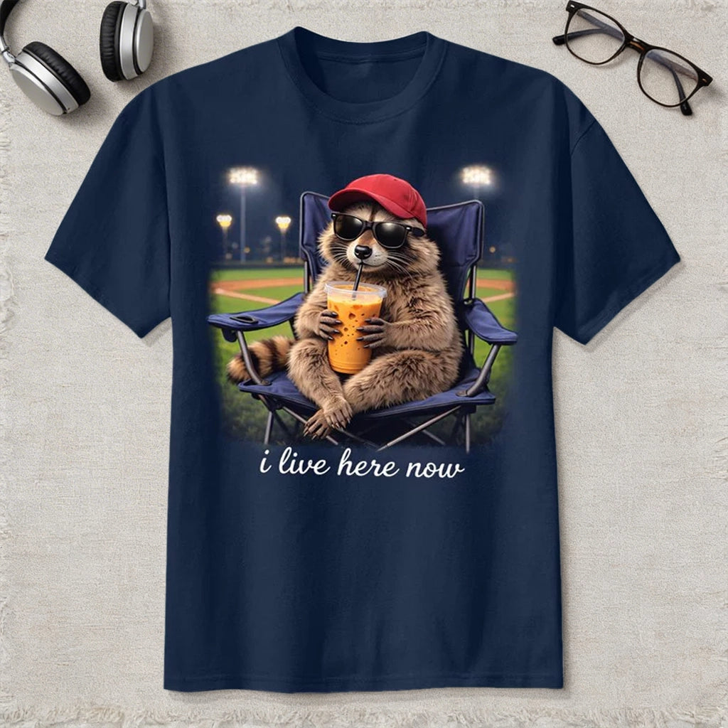 Personalized Classic Tee Chill Raccoon in Sunglasses at the Ballpark 'i live here now' Cute Everyday Gift