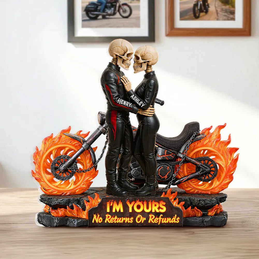 Personalized Shaped Acrylic Block Plaque Skeleton Biker Couple Hugging on Flame Motorcycle, Funny Romantic Gift for Couple