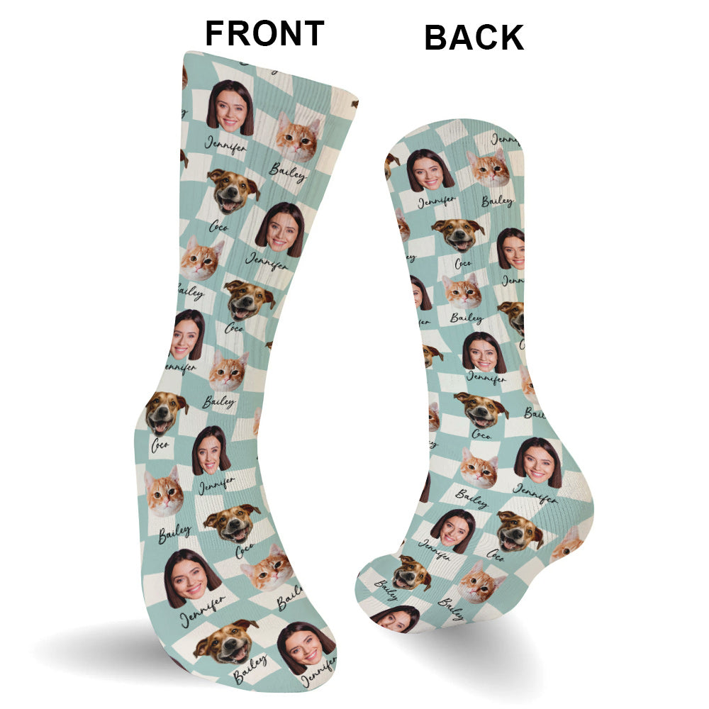 Any Photo Upload On Plaid Pattern With Many Background Color - Personalized Cat Socks