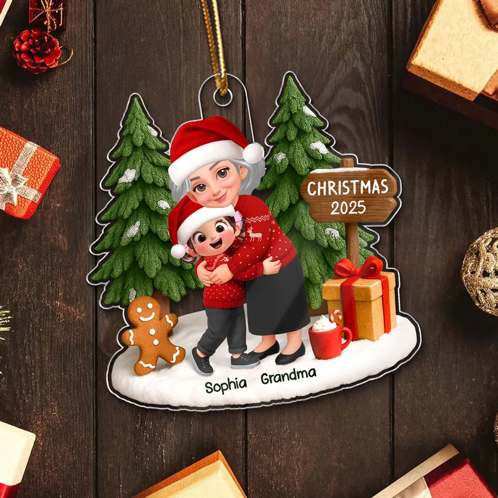 Acrylic Ornament Featuring Grandma & Granddaughter Hug, Christmas Tree Scene, Clear Print, Perfect Holiday Gift