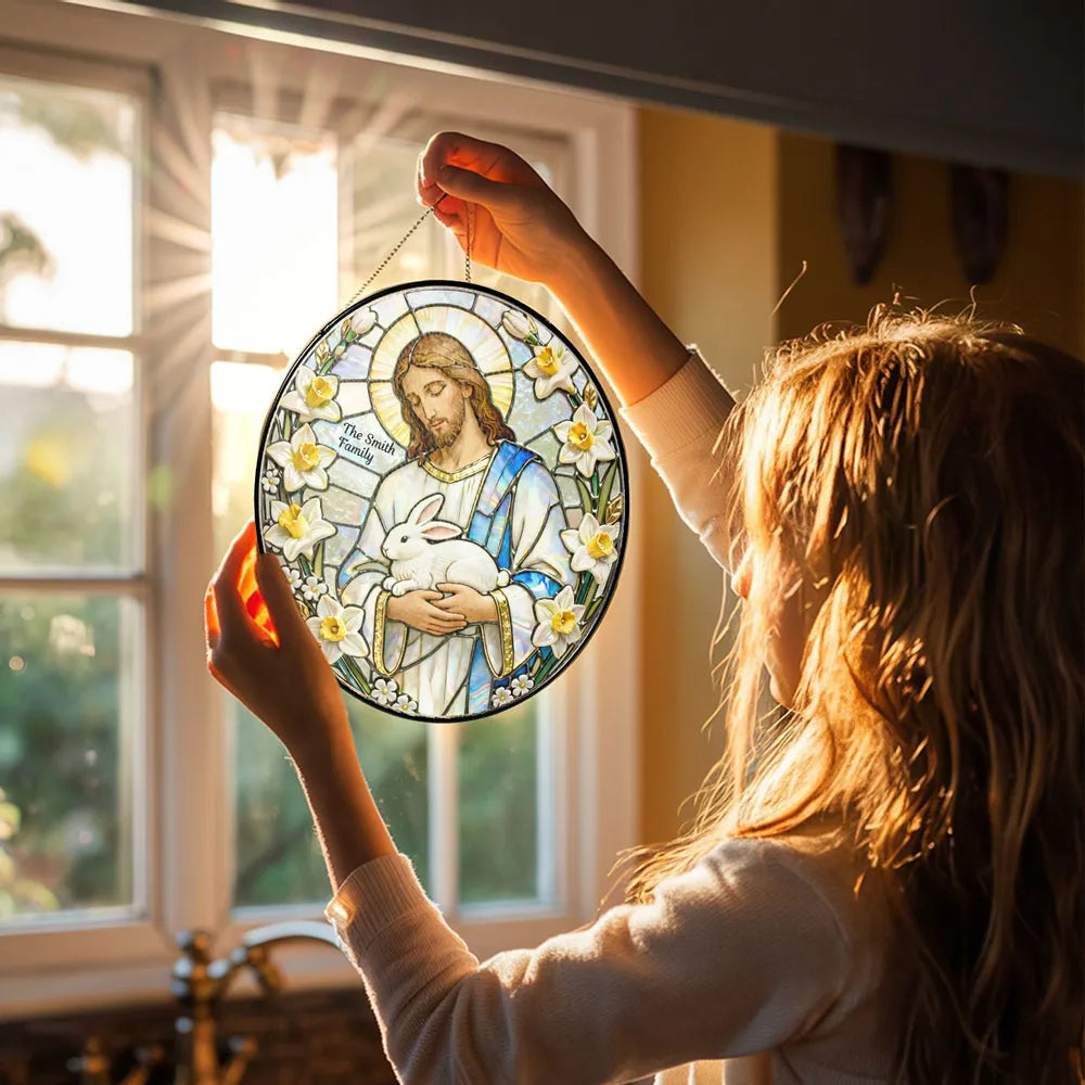 Personalized Jesus With Bunny Glass Suncatcher Ornament for Easter Window Display, Bright Colorful Light, Unique Religious Gift
