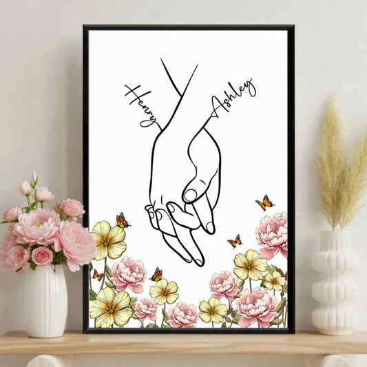 Personalized Couple Hand-Holding Line Art Poster with Floral Butterflies, Modern Minimal Wall Decor, Unique Gift for Him or Her