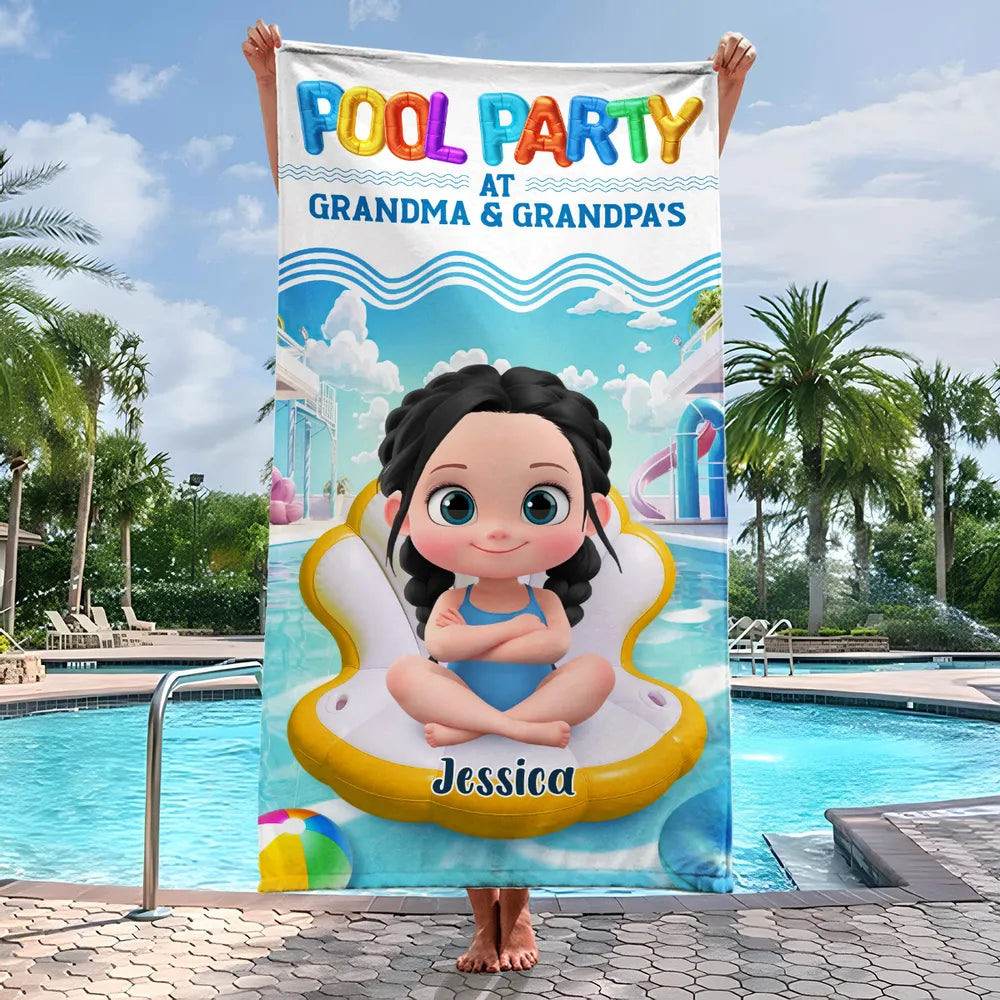 Pool Party at Grandma & Grandpa’s Personalized Beach Towel – Cute Summer Gift for Kids and Grandkids