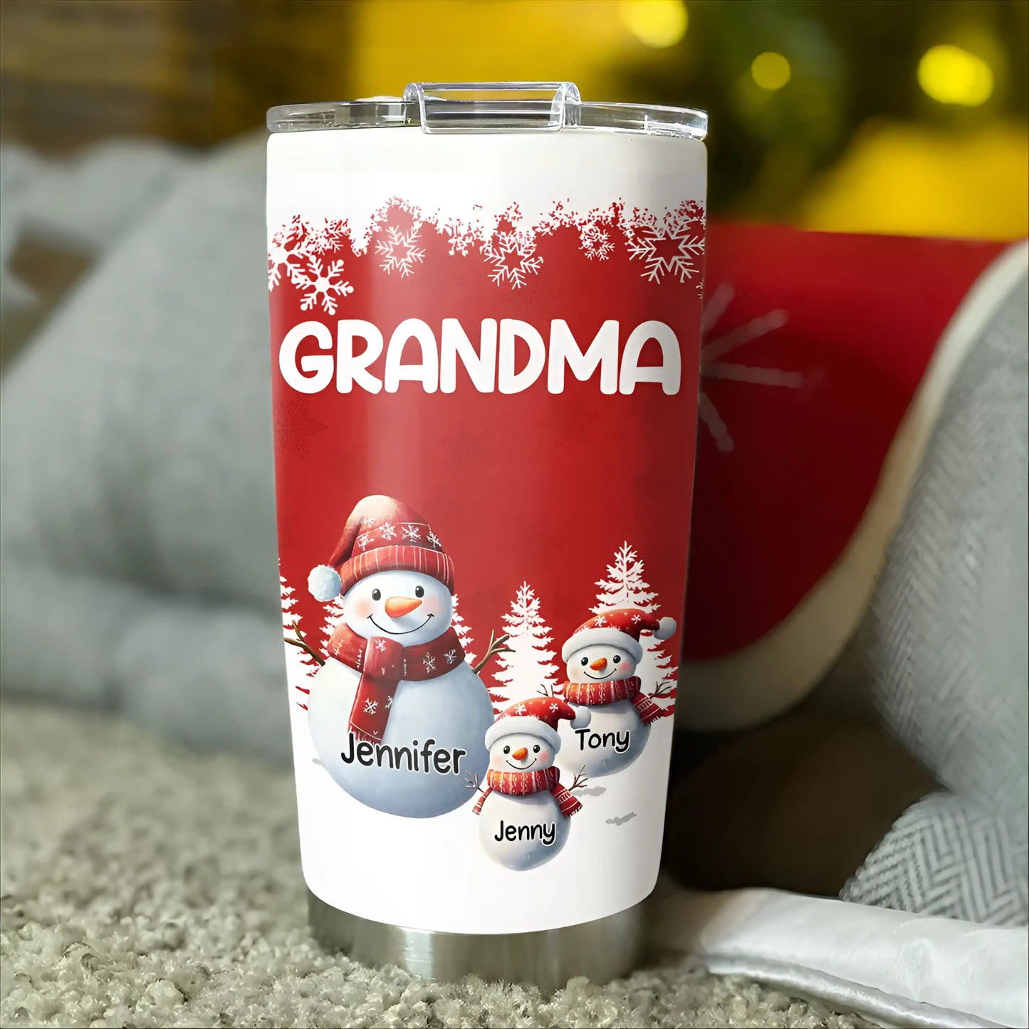 Snowman Grandma Insulated Travel Tumbler with personalized family names, cozy Christmas and winter gift