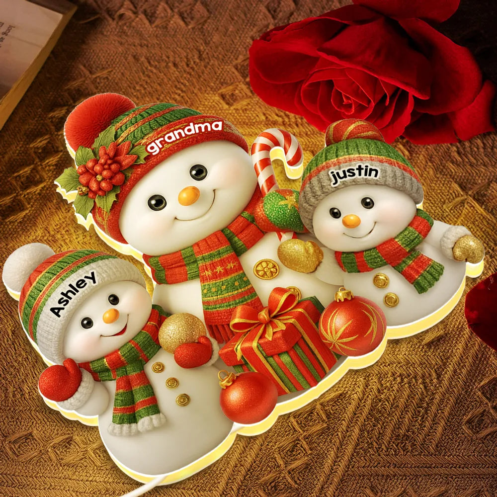 Personalized Acrylic Light Box with Grandma Snowman & Grandkids, Soft Warm Glow Christmas Décor, Unique Gift for Grandma