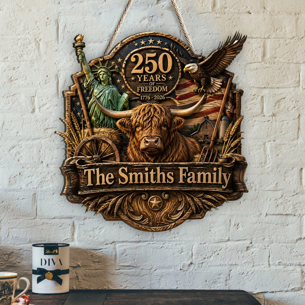 Celebrate 250th Anniversary, Highland Cow Lovers, Farmer Gift - Personalized Highland Cow Shaped Wood Sign With Sash