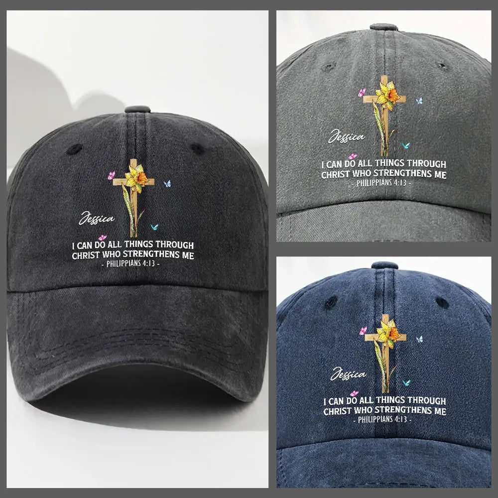 Personalized Washed Denim Baseball Cap With Faith Quote And Floral Cross Vintage Look Unique Christian Gift