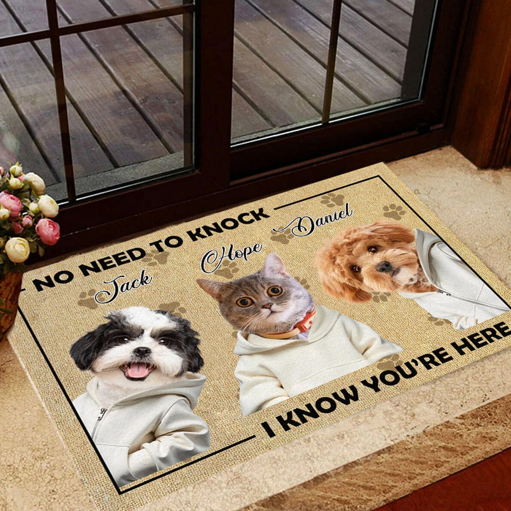 Personalized Doormat for Dog Lovers – Customizable Dog Photo Mat with Message, "No Need to Knock, I Know You’re Here", Perfect Gift for Pet Owners, Home Decor for Dog Families