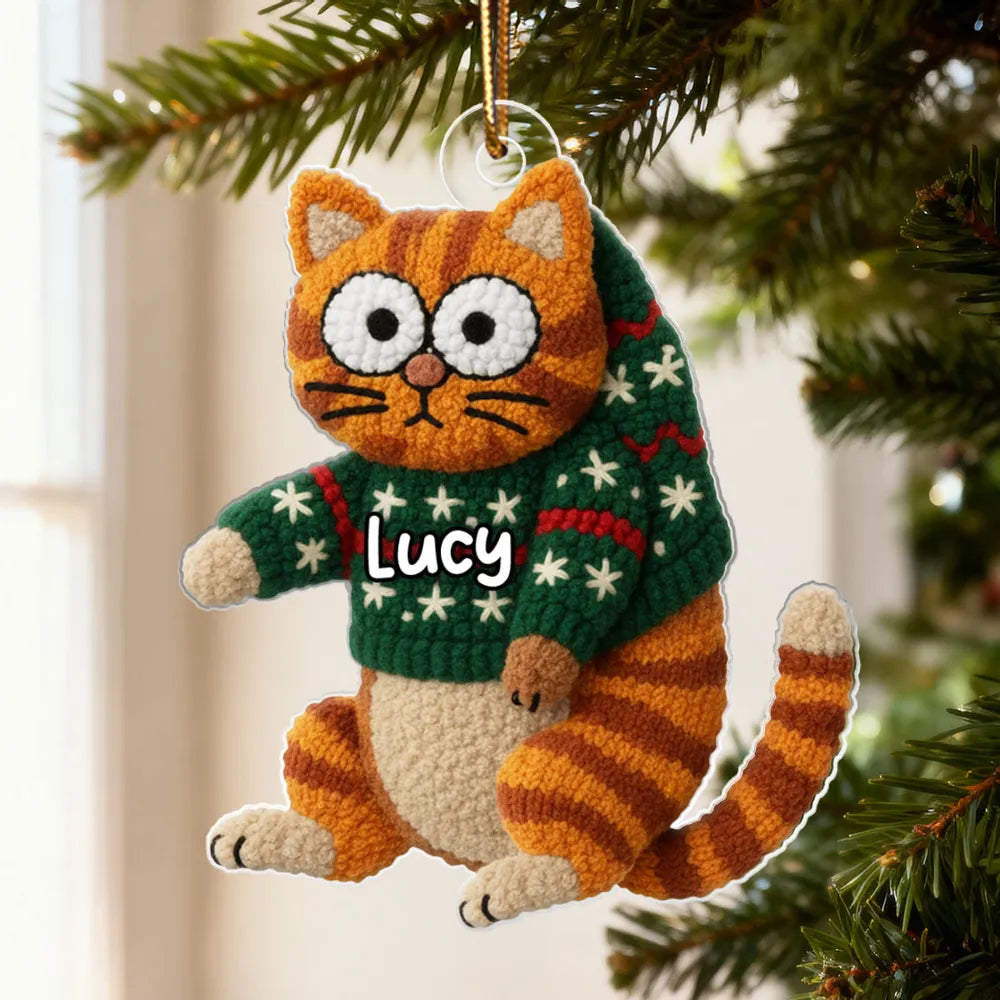 Personalized Cat Acrylic Christmas Ornament with Cozy Latch-Hook Look Sweater – Cute Holiday Gift for Cat Lovers