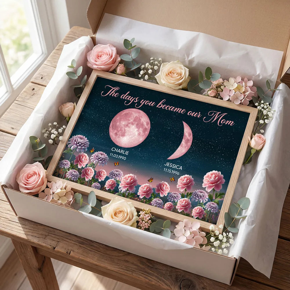 The Days You Became Our Mom Poster, Personalized Moon Phases and Birth Month Flowers, Heartfelt Gift for Mom