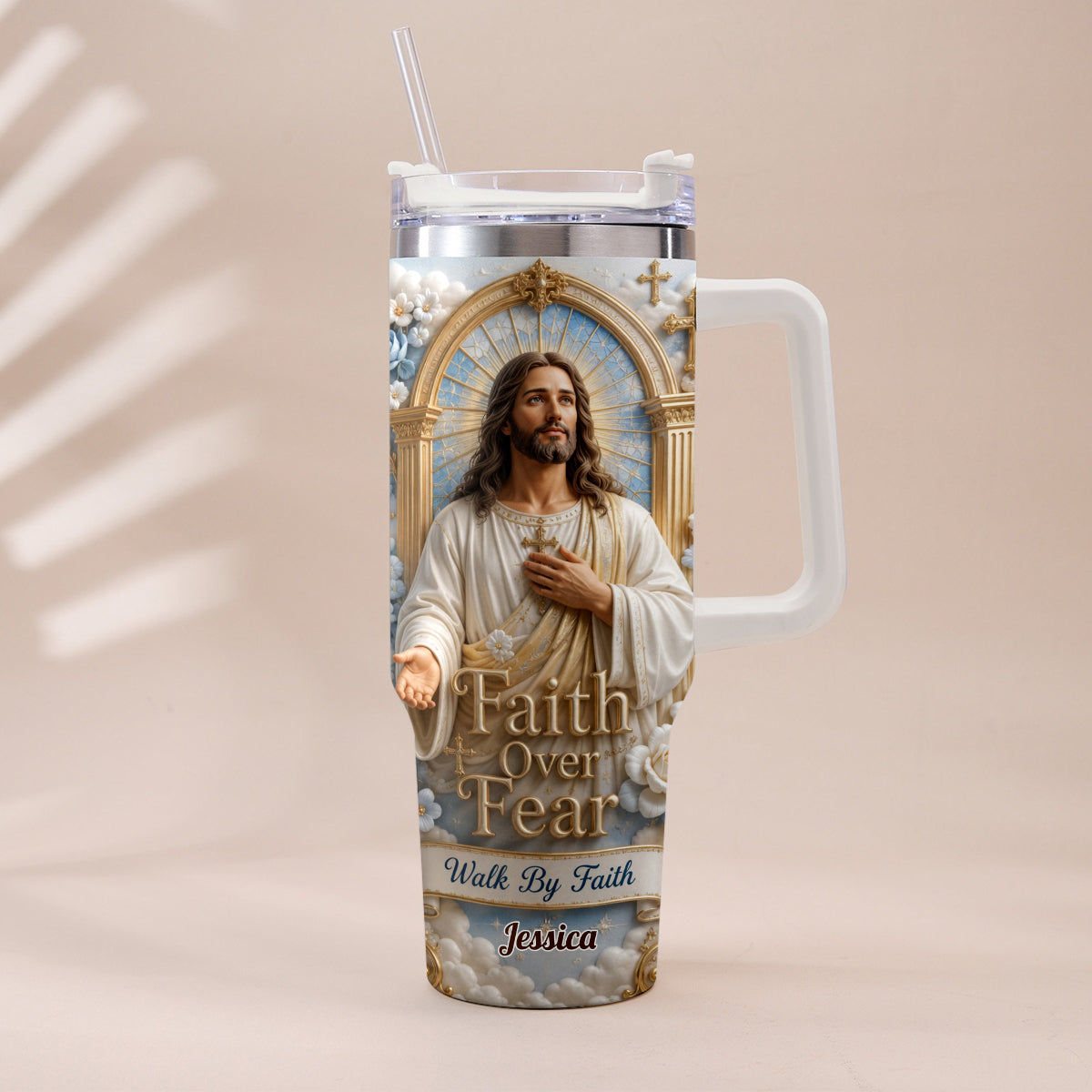 Faith Over Fear - Personalized Christian Tumbler With Plush Charm