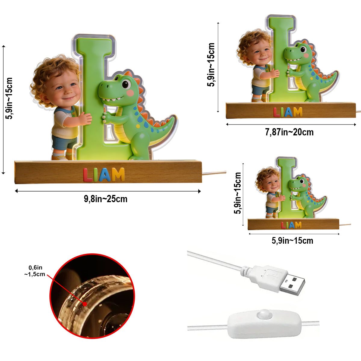 Dinosaur Alphabet Letter & Custom Photo - - Personalized Kid Shaped Led Night Light