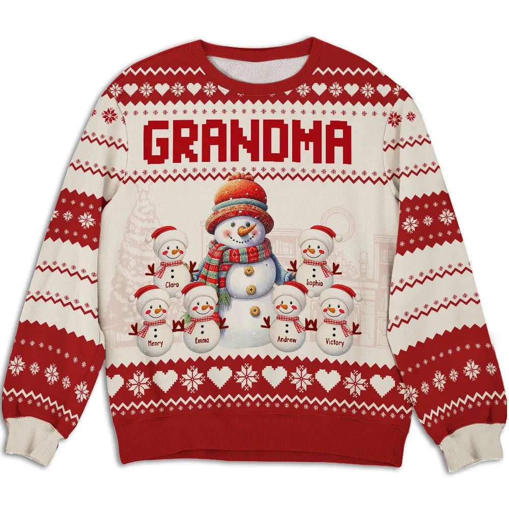 Personalized Grandma Title (GIGI/NANA) Snowman Family Sweater, Customizable Snowman Numbers, Unique Christmas Gift