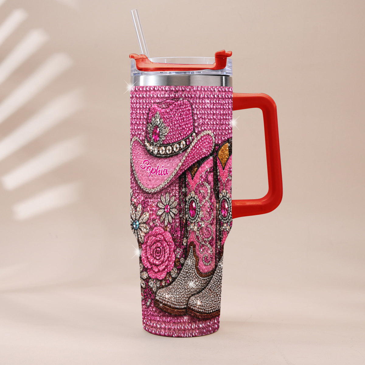 Cowgirl Boots - Personalized Cowgirl Rhinestone Tumbler With Plush Charm