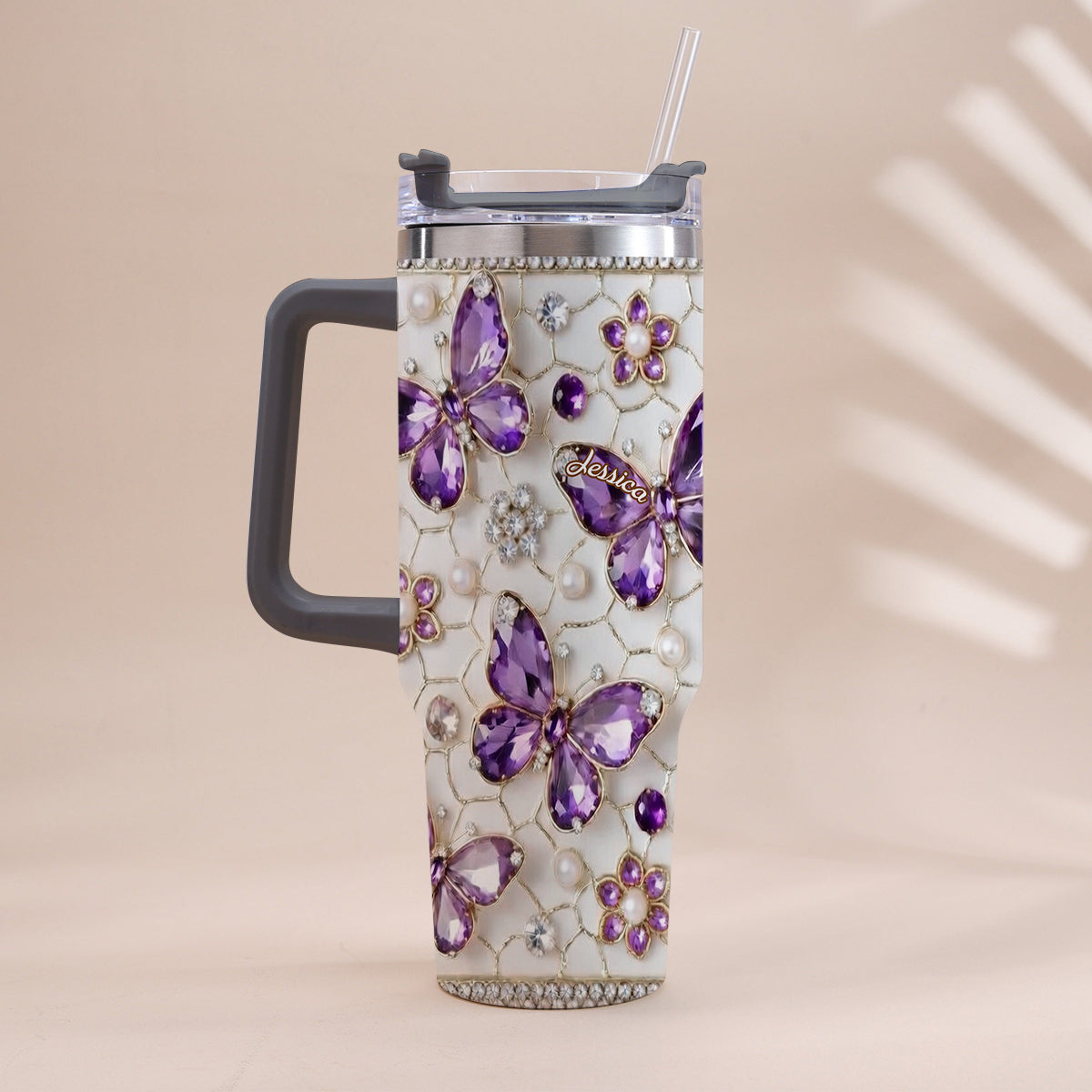 Love Butterflies - Personalized Butterfly Tumbler With Handle