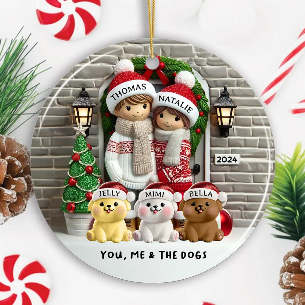 Ceramic Ornament Couple with Dogs at Festive Doorway, cozy tree-ready décor,perfect Christmas gift for pet-loving families
