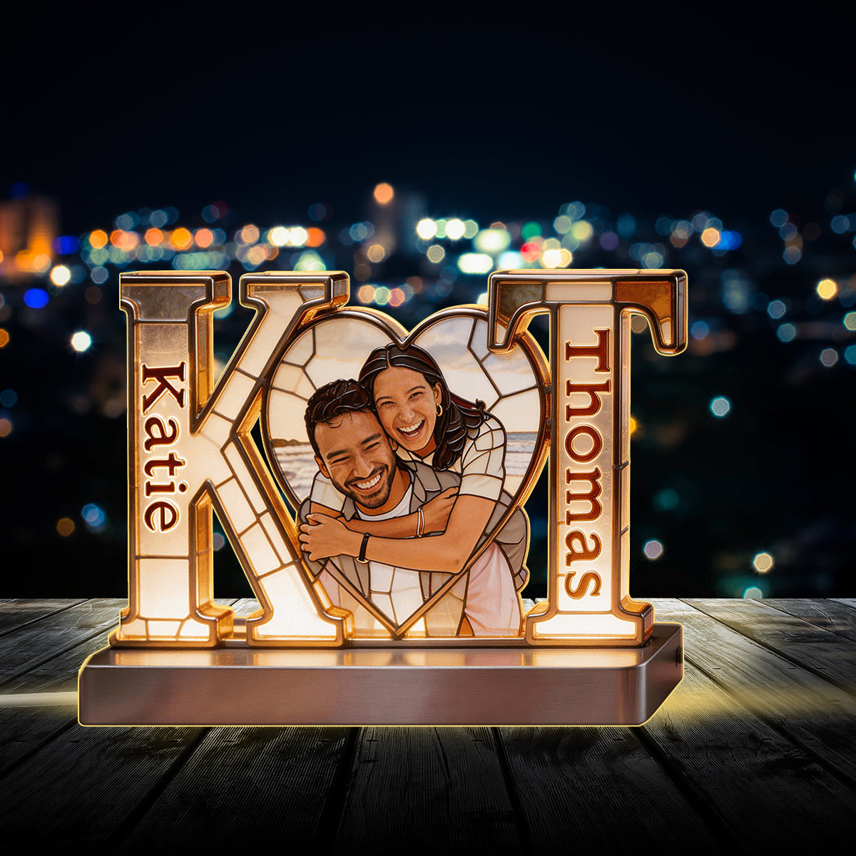 Custom From Photo, Initial Letters And Heart - Personalized Couple Acrylic LED Night Light
