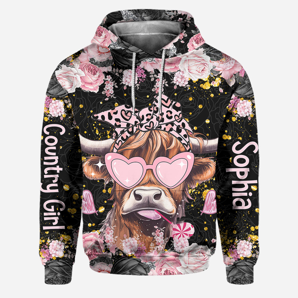 Black And Pink - Personalized Highland Cow Hoodie and Leggings
