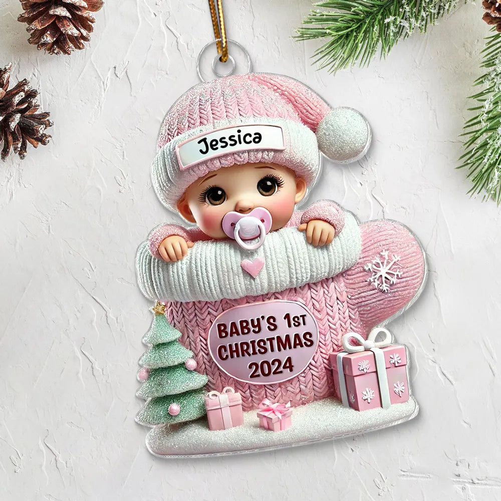 Baby in Mitten Acrylic Ornament, Pastel Knit & Snowflakes, Baby's First Christmas Keepsake, unique gift for new parents