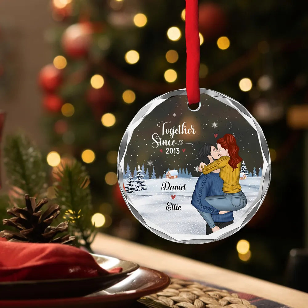 Crystal Ornament with Romantic Couple Illustration, Cozy Holiday Vibes, Perfect Gift for Couples